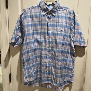 Vineyard Vines short sleeve blue n pink plaid short sleeve button down L